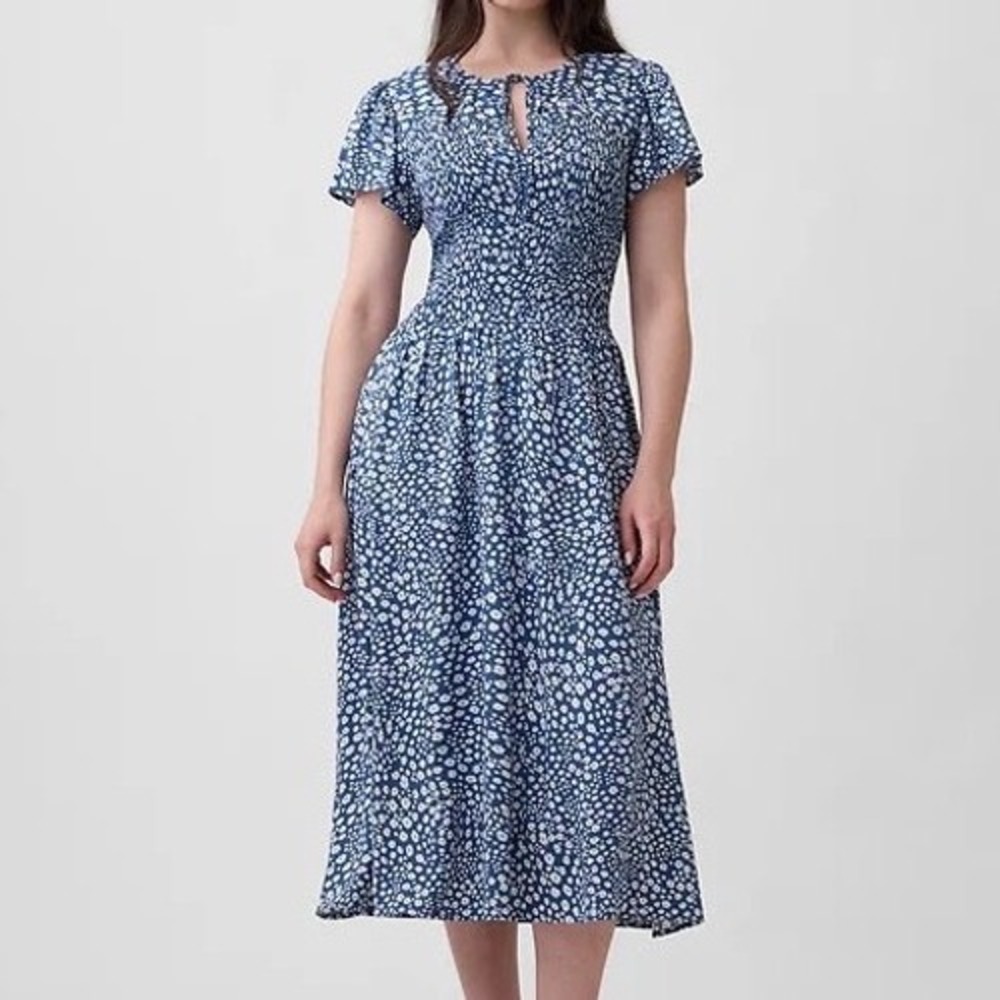 Gap Women's Smocked Flutter Sleeve Midi Dress Size XL Blue Sundress Tie Neck
